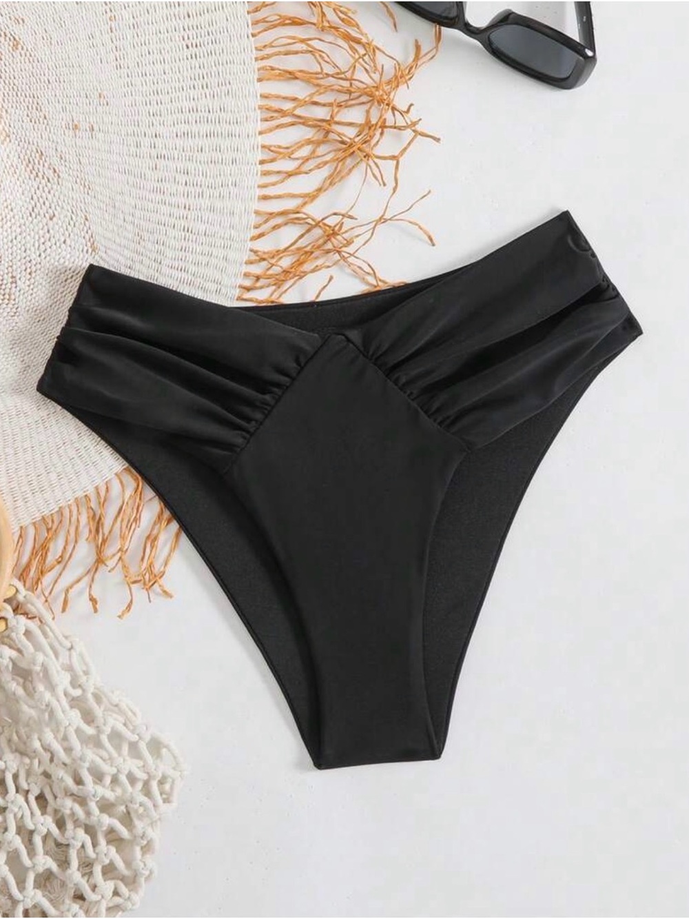 SHEIN Black High Waisted Bikini Bottom with Ruched Waist
